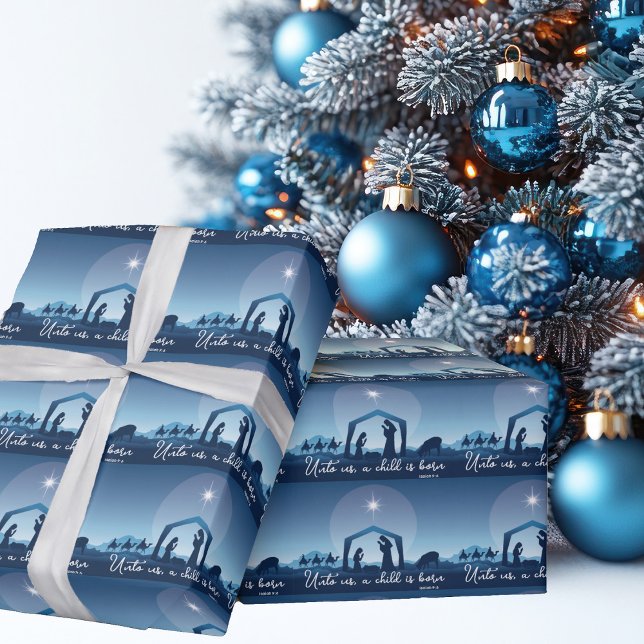 Papier Cadeau Scène de Noël religieuse bleu (Créateur téléchargé)