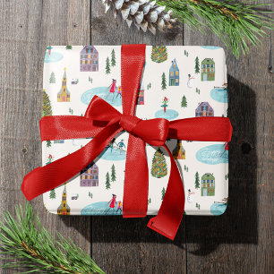 Papier Cadeau Scène de village de maison d'hiver mignonne Noël