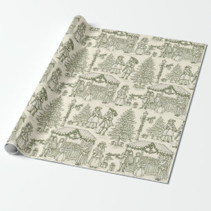 Papier Cadeau Scène de village de Noël vintage toile verte