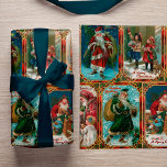 Papier Cadeau Scènes de Noël vintage aux frontières gothiques or<br><div class="desc">Motif de vacances festif et coloré vintage reprenant avec des illustrations de cartes de voeux victoriennes restaurées représentant des scènes du Père Noël et des enfants,  chacune encadrée dans un style orné de vitraux gothiques style bordures d'or ornemental.</div>