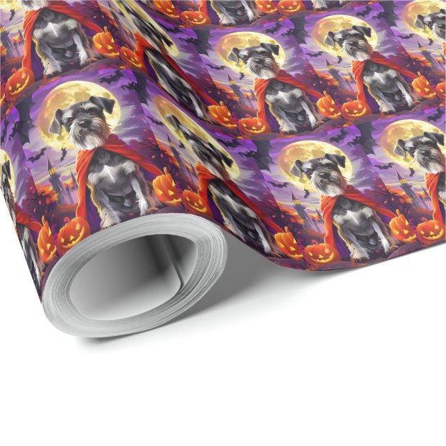 Papier Cadeau Schnauzer Vampire Citrouilles d'Halloween Effrayan (Coin rond)