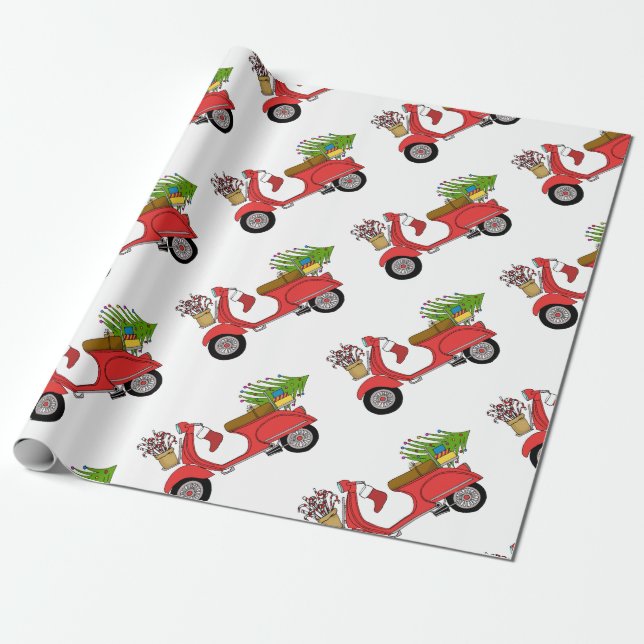 Papier Cadeau Scooter de Noël rétro tiré à la main (Déroulé)