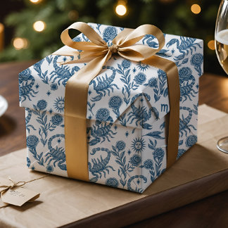 Papier Cadeau Scorpion Zodiaque Floral Bleu Céleste Intriqué
