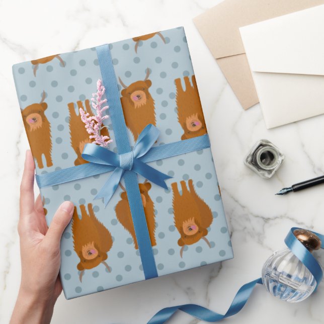 Papier Cadeau Scottish Highland Cattle Pale Blue Pois (Cadeaux)