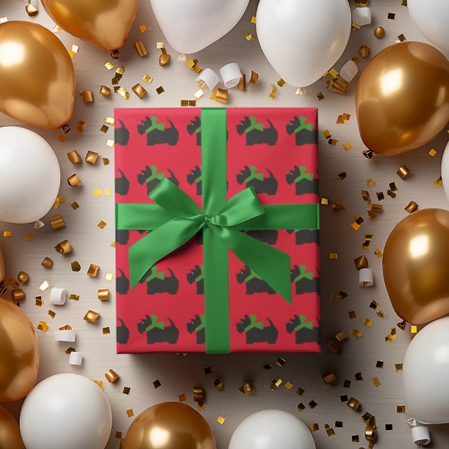 Papier Cadeau Scotty Chien et Tartan Joyeux Noël (Jaunty Scottish Terriers in their Christmas scarves parade across this fun gift wrap.)