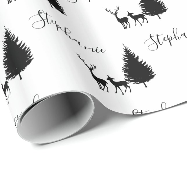 Papier Cadeau Script blanc moderne "Joyeux Noël" et cerfs (Coin rond)