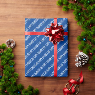 Papier Cadeau Script Hanoukka simple blanc et bleu heureux