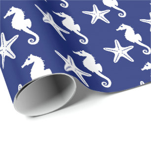 Papier Cadeau Seahorse & starfish - navy blue and white