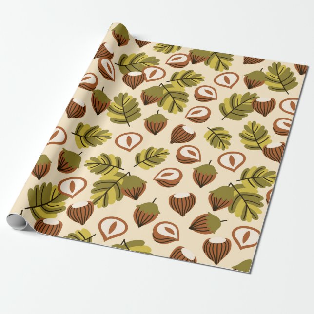 Papier Cadeau Seamless pattern with hazelnut leaves and acorns. (Déroulé)