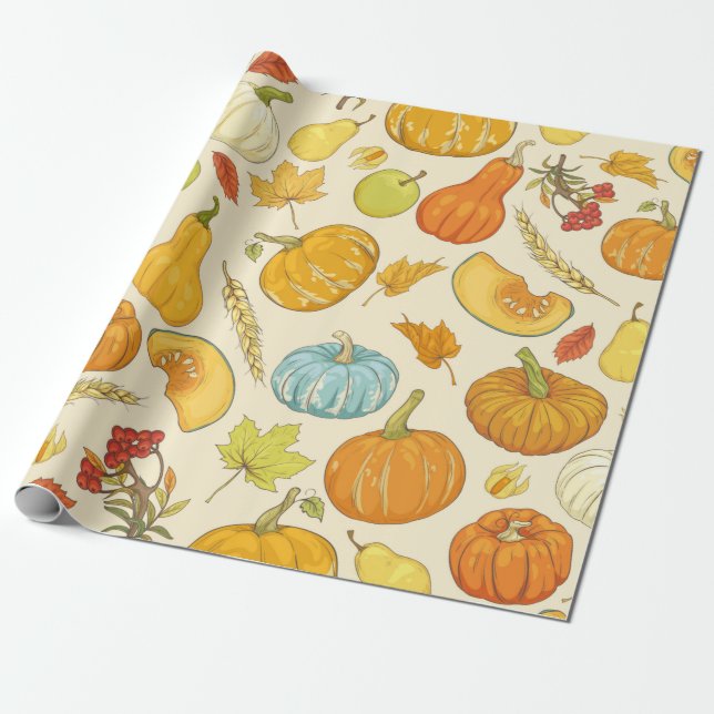 Papier Cadeau Seamless pattern with pumpkins, autumn leaves, app (Déroulé)