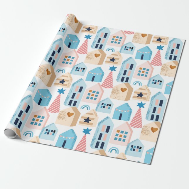 Papier Cadeau Seamless pattern with Scandinavian houses on white (Déroulé)