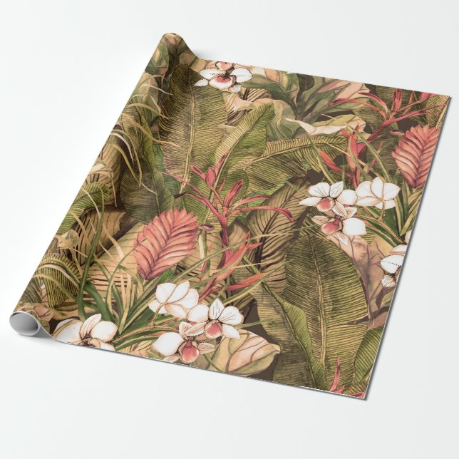 Papier Cadeau Seamless pattern with tropical leaves and flowers. (Déroulé)