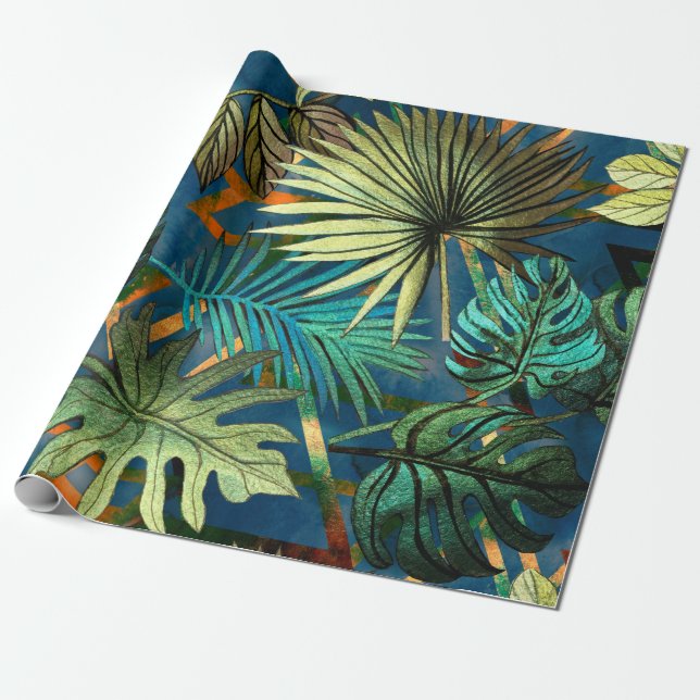 Papier Cadeau Seamless pattern with tropical leaves and geometri (Déroulé)