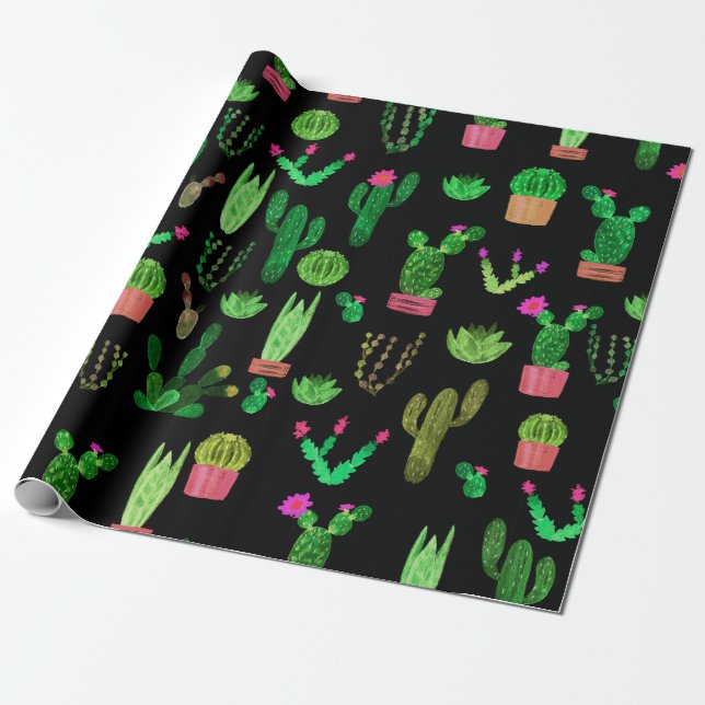 Papier Cadeau Seamless watercolor cactuses plant pattern backgro (Déroulé)