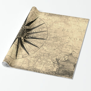Papier Cadeau Sepia Compass navigation Découverte de l'âge Carte