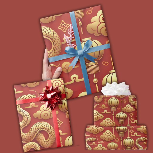 Papier Cadeau Serpent d'or chinois du Nouvel An lunaire (Chinese Lunar New Year Golden Snake Wrapping Paper)