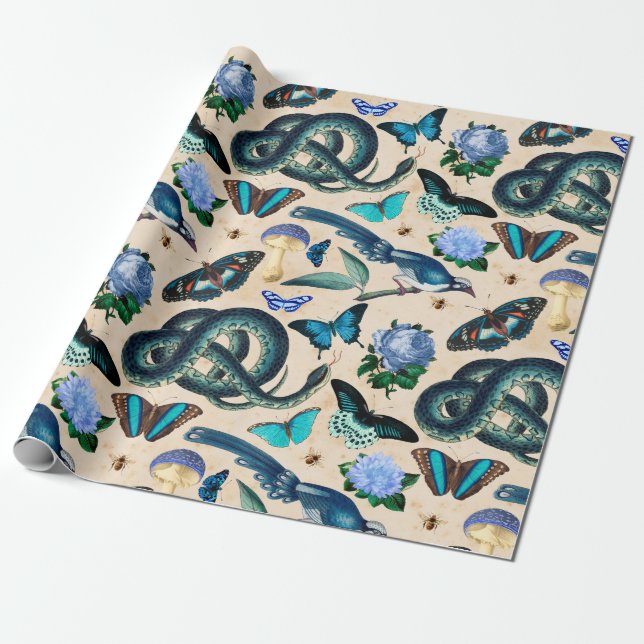 Papier Cadeau Serpents bleus Oiseaux et papillon (Déroulé)