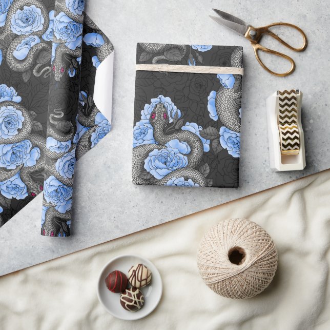 Papier Cadeau Serpents et roses bleus (Artisanat)
