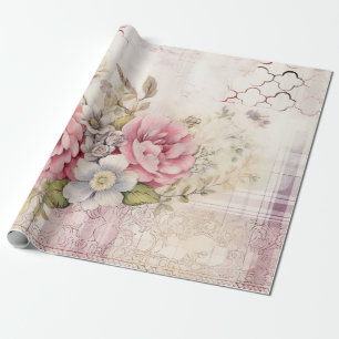 Papier Cadeau Shabby Chic Détaché Noël Floral Tartan