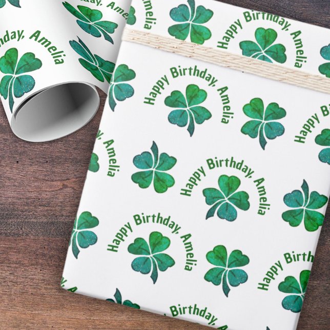 Papier Cadeau Shamrock Clover Green Joyeux anniversaire (Créateur téléchargé)