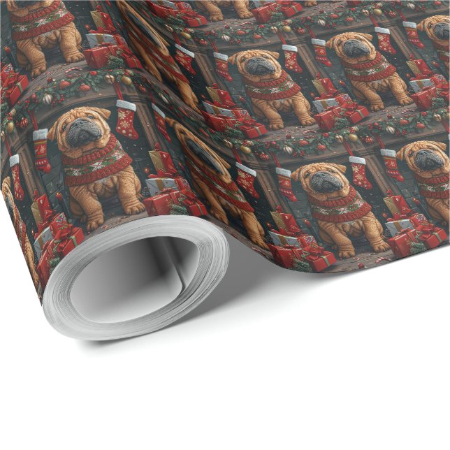 Papier Cadeau Shar Pei avec des cadeaux de Noël Cheminée (Coin rond)