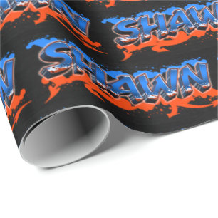 Papier Cadeau Shawn prénom nom graffiti bleu orange