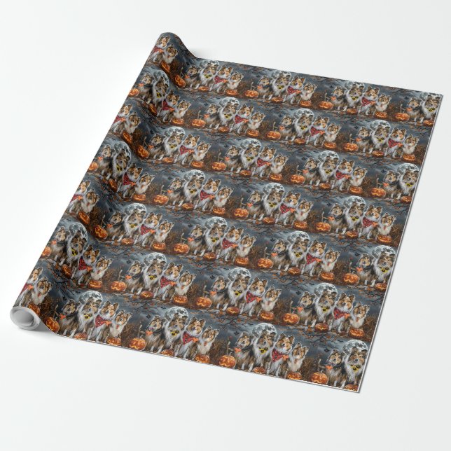 Papier Cadeau Shetland Sheepdog Halloween Épouvantable  (Déroulé)