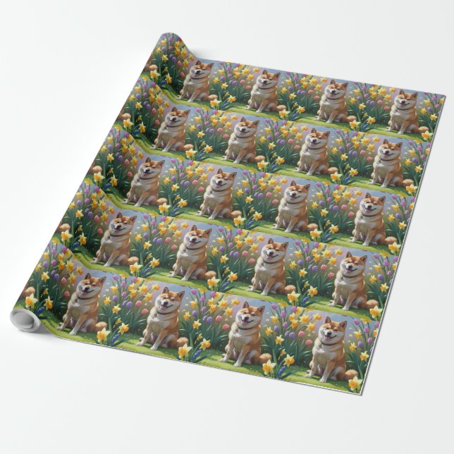 Papier Cadeau Shiba Inu Chien Fleurs de printemps Peinture (Déroulé)