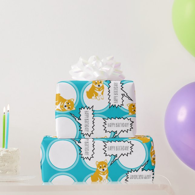 Papier Cadeau Shiba Inu Discours Bubbles Joyeux Anniversaire W P (Cadeaux de fête)