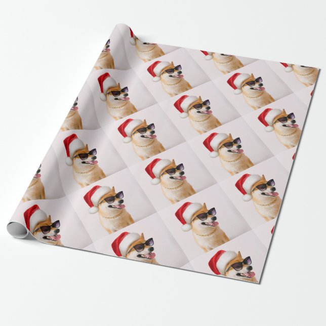 Papier Cadeau Shiba Inu dog in Santa Claus red hats (Déroulé)