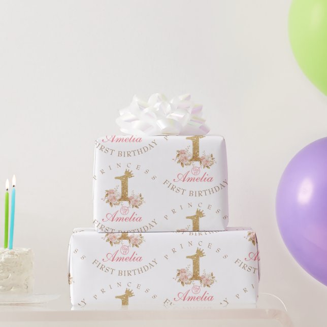 Papier Cadeau Shine Pink Gold Crown Princesse 1er anniversaire (Cadeaux de fête)