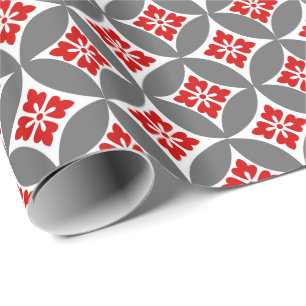 Papier Cadeau Shippo à motif floral, rouge, blanc et gris
