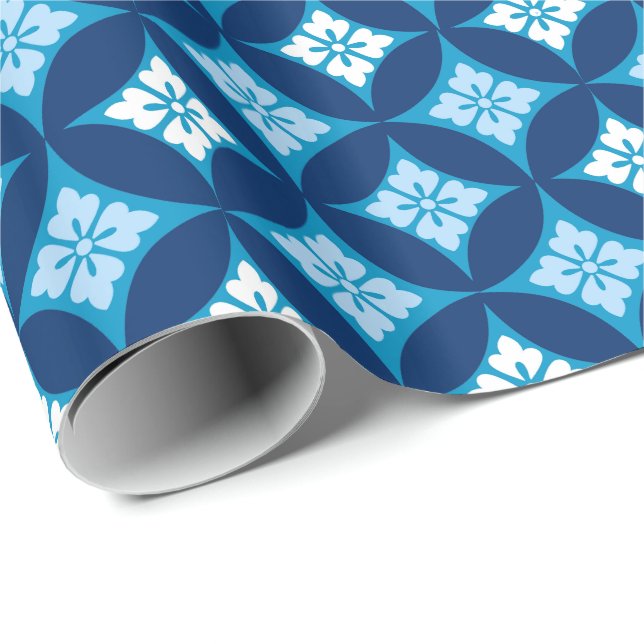 Papier Cadeau Shippo avec Motif Fleur, Indigo Bleu et Blanc (Coin rond)