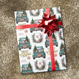 Papier Cadeau Sibérie Husky Chien Retro Camion Monogramme Noël