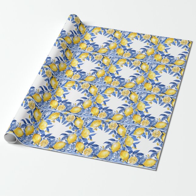 Papier Cadeau Sicilian Lemon Tiles Pattern Mediterranean Dolce  (Déroulé)