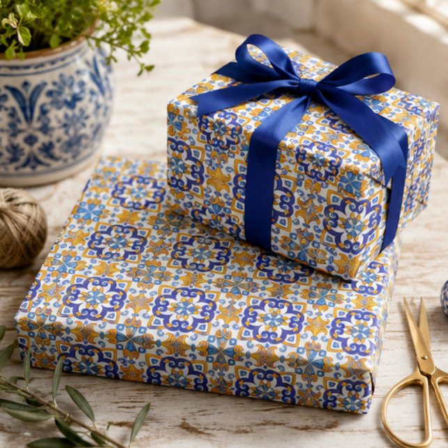 Papier Cadeau Sicilian Vibrant Majolica Scrollwork Mediterranean (Créateur téléchargé)