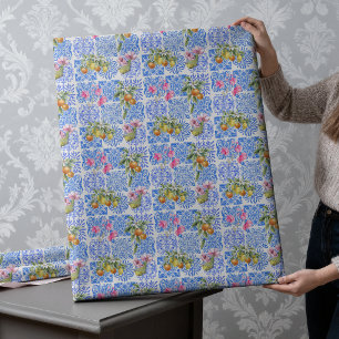 Papier Cadeau Sicilien bleu jaune citrus Méditerranée azulejo