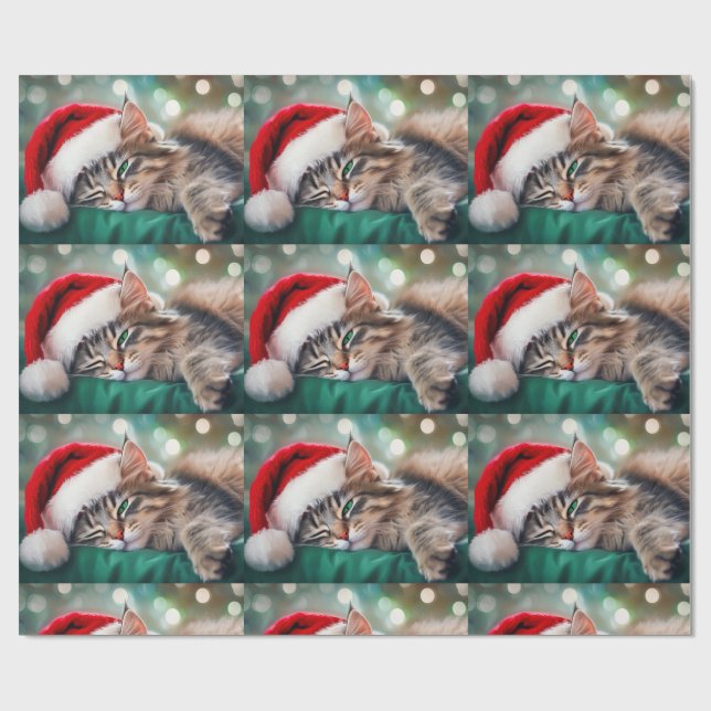 Papier Cadeau Sieste de chat de Noël (Plat)