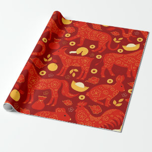 Papier Cadeau Signes animaux du zodiaque chinois rouge et or