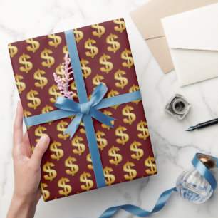 Papier Cadeau Signes dollar en or sur fond bordeaux