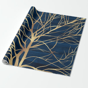 Papier Cadeau Silhouette Arbre d'Or moderne Design bleu minimal