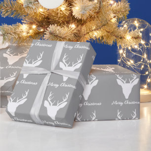 Papier Cadeau Silhouette de tête de cerf blanc sur fond gris et