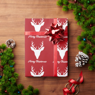Papier Cadeau Silhouette de tête de cerf blanc sur fond rouge av