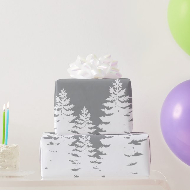 Papier Cadeau Silhouette minimaliste de pin blanc gris       (Cadeaux de fête)