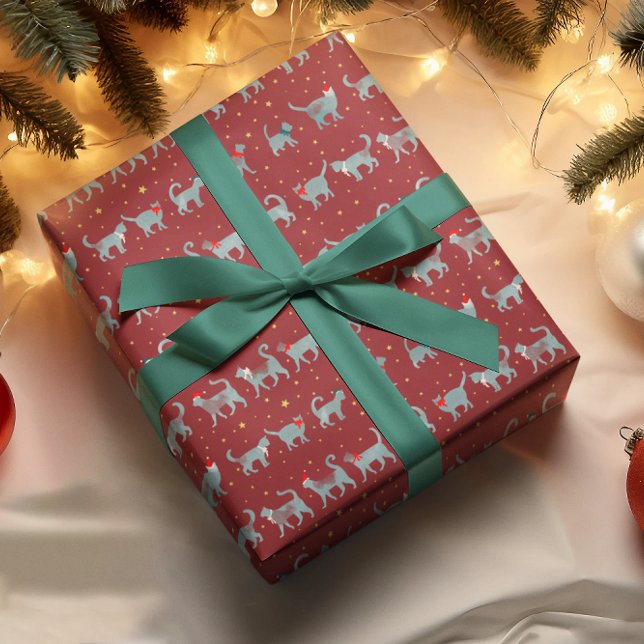 Papier Cadeau Silhouettes de chats Turquoises mignons à Noël (Créateur téléchargé)