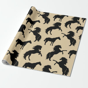 Papier Cadeau Silhouettes rustiques de Cheval Noir & Taupe