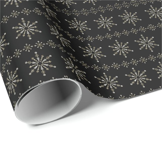 Papier Cadeau Silver-Grey & Black Abstrait Christmas Snowflakes (Coin rond)