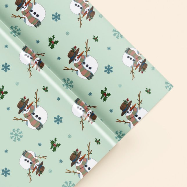Papier Cadeau Simpático muñeco de nieve con copos de nieve (Fun gift wrapping paper with snowmen, holly branches and snowflakes)