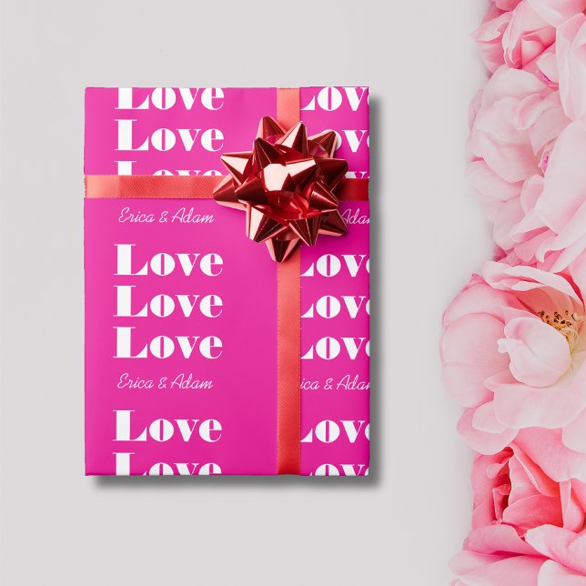 Papier Cadeau Simple Blanc Propre 3 x Amour  | Rose Chaud (Créateur téléchargé)