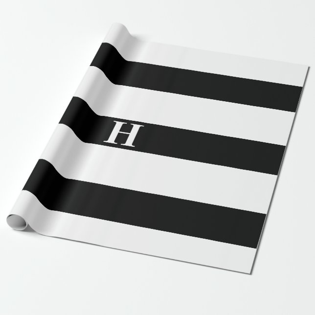 Papier Cadeau Simple Élégant noir blanc rayures Simple Monogramm (Déroulé)